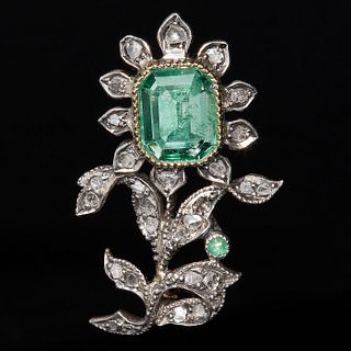 EMERALD AND DIAMOND FLORAL BROOCH