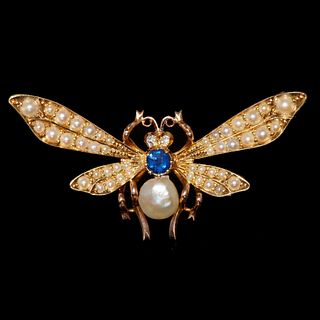 ANTIQUE PEARL SAND SAPPHIRE INSECT BROOCH