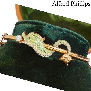 ALFRED PHILLIPS, ANTIQUE DIAMOND AND ENAMEL DOLPHIN BANGLE
