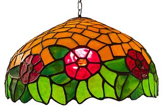 Old Stained Glass Hanging Pendant Lamp, Floral Design 