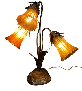 Vintage Bronze Three Light Lily Table Lamp w/ Gold Aurene Shades 