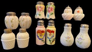 Hand Painted EAPG Milk & Satin Glass Shakers 