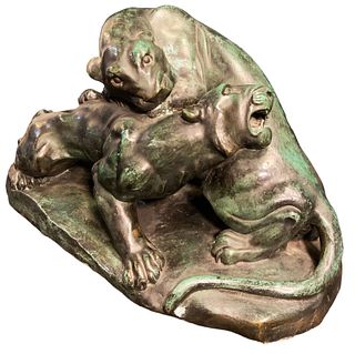 Bronze Sculpture of Panthers Fighting 
