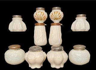 Collection EAPG Corn Husk Shell Milk Glass Shakers 