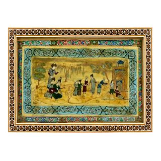 Vintage Persian Painting with Khatam Frame