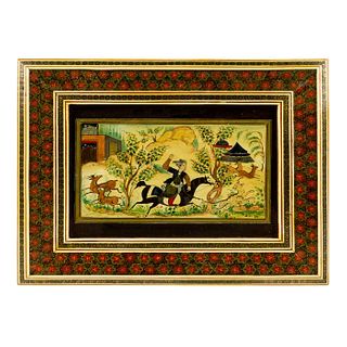 Vintage Persian Painting with Khatam Frame, Hunting Scene