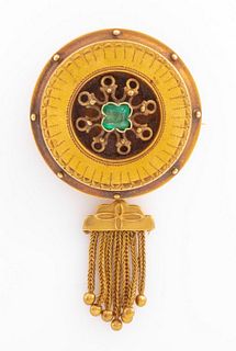 Antique 14K Yellow Gold & Emerald Memento Mori Pin