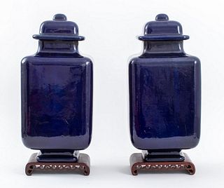 Doulton Lambeth Cobalt Glazed Baluster Jars & Stands, Pair