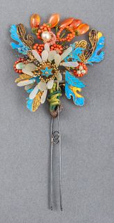 Chinese Jade Coral Kingfisher Feather Hair Pin