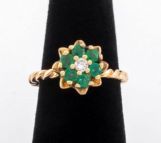 14K Yellow Gold Emerald & Diamond Flower Ring