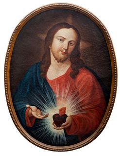 18th C. "Sacred Heart of Jesus" Oil on Canvas