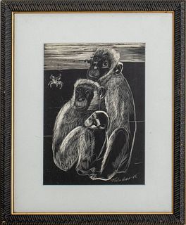 Nahum Tschacbasov Monkey Family Linocut, 1946