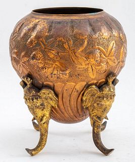 Anglo-Indian Elephant Mounted Repousse Copper Vase