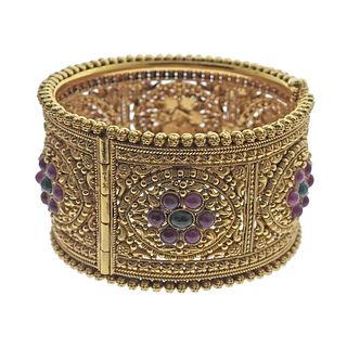 22k Gold Ruby Emerald Wide Bangle Bracelet