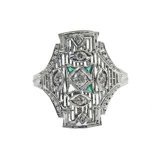 Art Deco Filigree Diamond Emerald Gold Ring