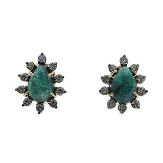 Cabochon Emerald Diamond Gold Stud Earrings