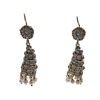 Etruscan 14k Gold Turquoise Pearl Earrings