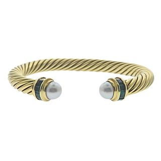 David Yurman 18k Gold Emerald Pearl Cable Bracelet