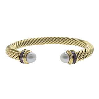 David Yurman 18k Gold Ruby Pearl Cable Bracelet
