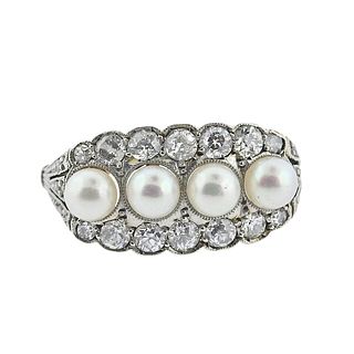 Art Deco 14k Gold Platinum Diamond Pearl Ring