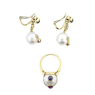18k Gold Diamond Pearl Ruby Sapphire Ring Earrings Set