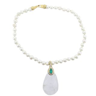 18k Gold Diamond Emerald Pearl Quartz Pendant Necklace