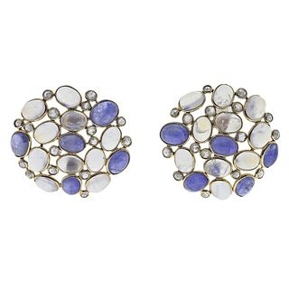 18k Gold Moonstone Sapphire Diamond Earrings