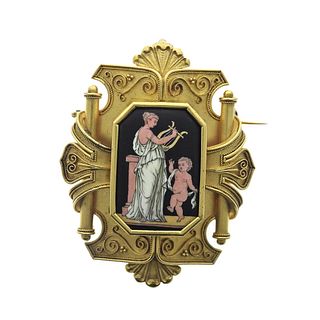 Etruscan Revival 14k Gold Miniature Painting Brooch Locket Pendant