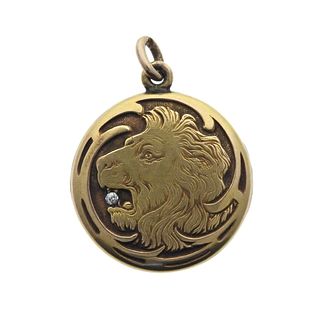 Antique Art Nouveau 14k Gold Diamond Lion Locket Pendant