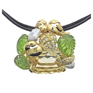 Seaman Schepps 18k Gold Citrine Peridot Diamond Pearl Pendant Cord Necklace