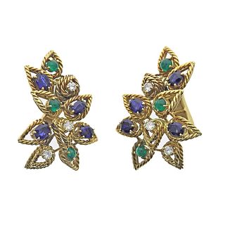 1960s 18k Gold Diamond Sapphire Emerald Earrings