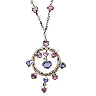 Assael Prince Dimitri 8.66ctw Pink Blue Sapphire Pearl Gold Pendant Necklace