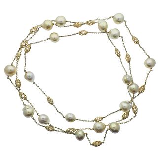 18k Gold Pearl Diamond Long Necklace