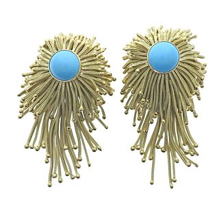 French 18k Gold Turquoise Fringe Earrings