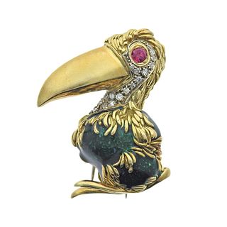 Frascarolo 18k Gold Diamond Ruby Enamel Pelican Brooch
