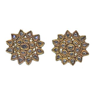 Indian High Karat Gold Rose Cut Diamond Enamel Earrings