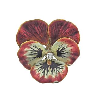 Antique 14k Gold Enamel Diamond Pansy Flower Brooch