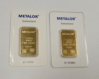 (2) Metalor Fine Gold 1 Troy Oz. Bars.