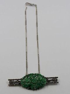 JEWELRY. Vintage Jade, Marcasite and Silver Brooch