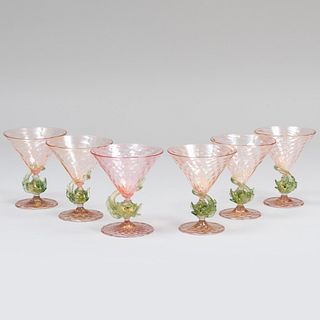 Set of Six Venetian Conical Glasses with Dolphin Supports