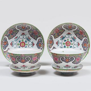 Pair of Chinese Famille Rose Porcelain Bowls, Covers, and Underplates