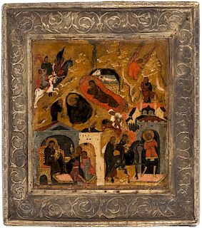A RUSSIAN ICON OF THE NATIVITY OF CHRIST IN A BASMA OKLAD, EARLY 17TH CENTURY