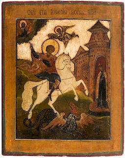 A RUSSIAN ICON OF SAINT GEORGE SLAYING THE DRAGON, 19TH CENTURY