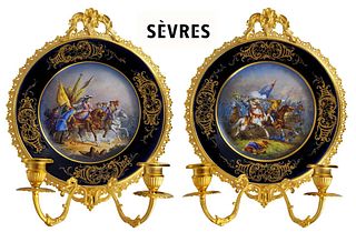 Pair Of 19th C. Bronze With Hand Painted Sevres Wall Sconces