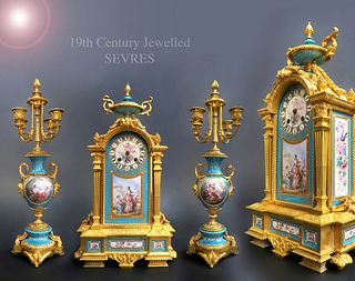 19th C. French Sevres Hand Painted Porcelain Ormolu Jeweled Clock set