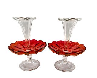 A Pair Of 19th C. Victorian Style Cranberry Glass Epergnes