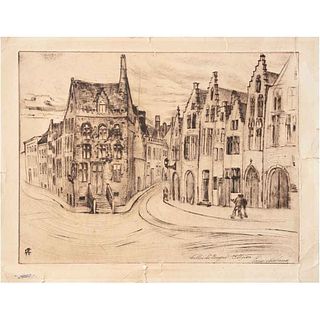 ROSARIO CABRERA, Calles de Brujas, Bélgica, Firmado a lápiz y placa, Grabado a la punta seca S/N, 27.5 x 36 cm