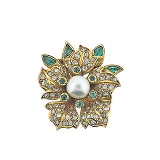 18k Gold Rose Cut Diamond Pearl Emerald Flower Clip Brooch