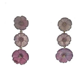 18k Gold Carved Sapphire Diamond Flower Drop Earrings