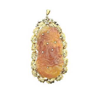 1970s 14k Gold Carved Jade Diamond Pendant Brooch